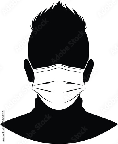 Man wearing surgical face mask black silhouette vector illustration, protective health care icon, COVID-19 pandemic prevention graphic, medical safety precaution concept, modern male portrait.