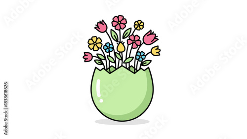 A cartoon illustration of spring flowers growing out of a broken green eggshell