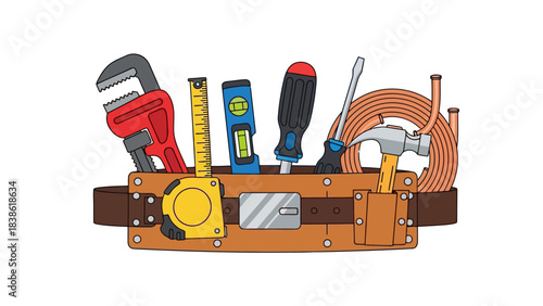 A cartoon tool belt filled with various hand tools and coiled copper tubing