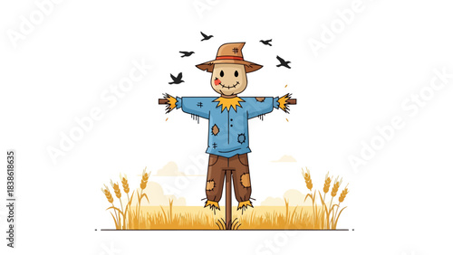 A cartoon scarecrow with straw stuffing stands in a field of golden wheat under a white sky with black birds flying