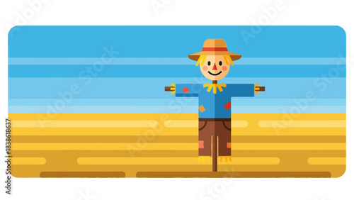 A cheerful flatdesign scarecrow standing in a golden field under a blue sky