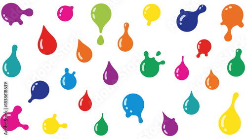 A collection of brightly colored glossy paint splatters and drips on a white background