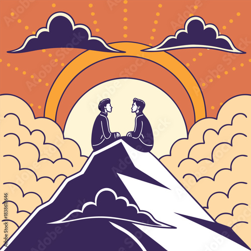 Two figures sitting on a mountain peak contemplating the sunset together.