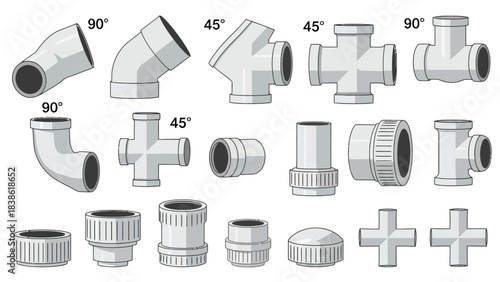 A collection of light gray plastic plumbing fittings labeled with angles