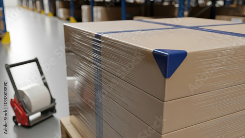 Tightly wrapped cardboard boxes on pallet in warehouse storage aisle with protective plastic film and corner protectors near packaging tape dispenser on concrete floor
