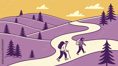 Two hikers walking along a winding path through a mountainous landscape.