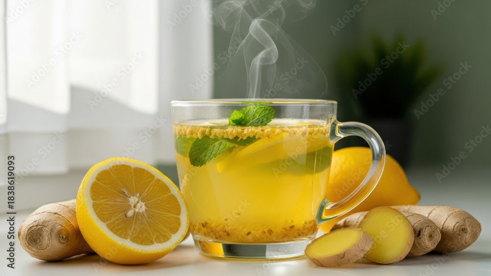 Fototapeta premium Soothing hot ginger lemon tea with mint in glass cup on kitchen table, fresh sliced ginger root and whole lemon beside, aromatic steam rising in soft natural morning light