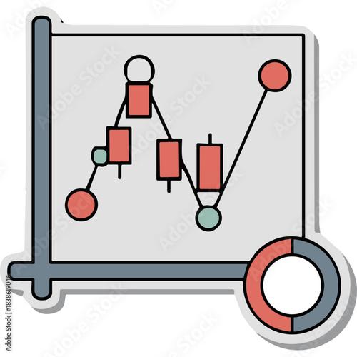 Financial Stock Market Candlestick Chart Analysis Showing Price Trends with a Pie Chart Indicator on a Light Gray Background Ideal for Business and Investment Concepts