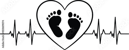 Newborn baby footprints black vector illustration, heart shape with EKG heartbeat monitor line, maternity and pregnancy health care graphic, life love beginning symbol, medical design element.