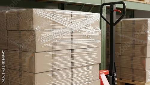 Tightly wrapped pallets of cardboard boxes on warehouse shelving with manual pallet jack ready for transport, organized storage distribution and secure packaging for shipping logistics