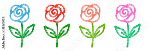 Rose flower felt pen set. Childlike hand drawn colorful marker crayon botanical illustration with playful sketch style. Vector isolated floral design with expressive strokes.