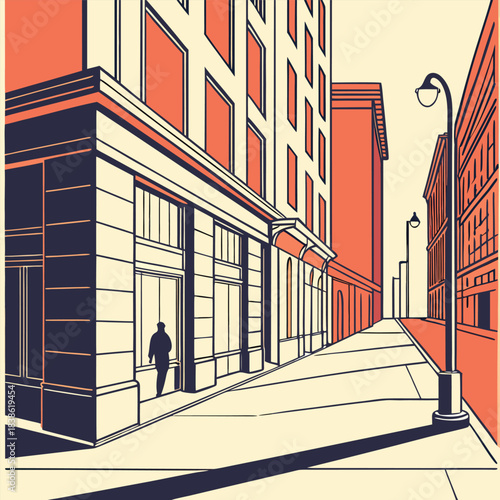 Urban architectural perspective featuring a solitary figure entering a building capturing the essence of city life.
