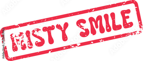 Distressed red rubber stamp impression declaring Misty Smile text for a positive message