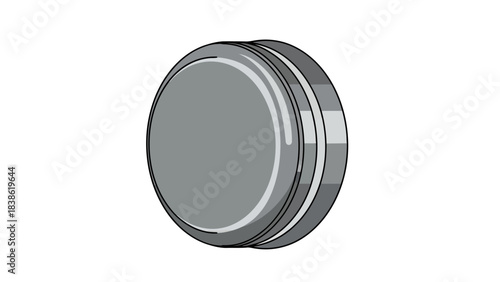 A grayscale stylized drawing of a round metal object possibly a button or cap