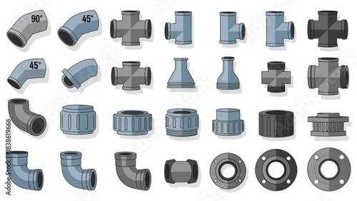 A grid display of various gray and blue isometric plumbing fittings and connectors