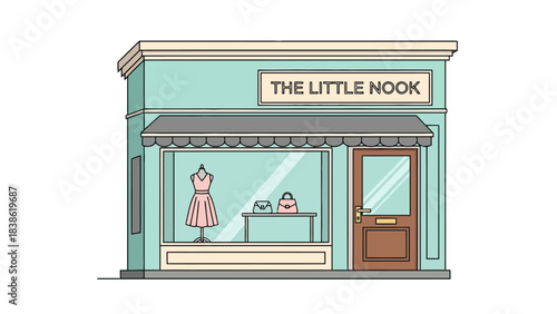 A light teal storefront labeled THE LITTLE NOOK with a window display