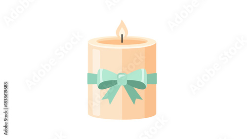 A lit peachcolored pillar candle with a teal ribbon and bow