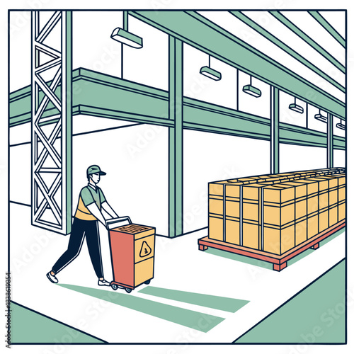 Warehouse worker pushing a cart with hazardous materials safety first.