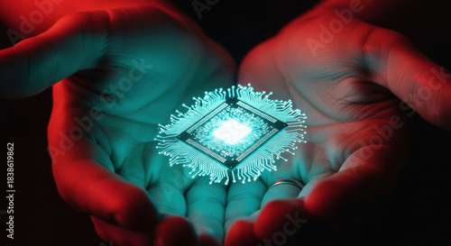 Close-up of open hands holding a glowing, geometric object in a dark room, illuminated by dramatic red and blue lighting creating a technological, futuristic atmosphere.