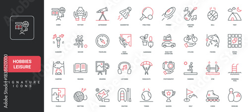 Hobby, game and leisure activity for weekend and vacation, music, travel line icon set. Fishing and painting, cooking and painting, gardening thin black and red outline symbols vector illustration