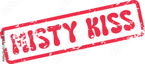 Vibrant red distressed typography stamp presenting the affectionate phrase Misty Kiss with grunge texture