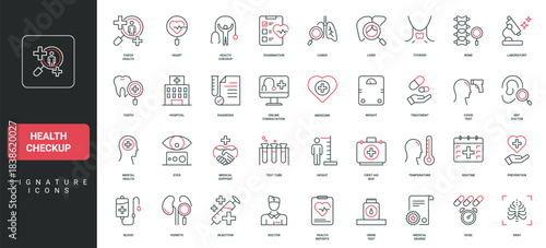 Medical checkup for diagnosis and treatment, prescription for patient from doctor line icon set. Blood bag and stethoscope of general practitioner thin black and red outline symbol vector illustration