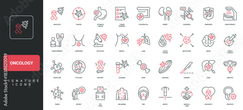 Oncology diagnosis, cancer and tumor treatment, chemotherapy, surgery line icon set. Biopsy and radiotherapy, metastasis, patients remission thin black and red outline symbols vector illustration
