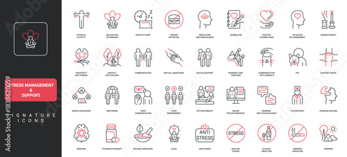 Stress management and support of mentor line icon set. Group therapy and yoga balance, healthy exercises and sleep, journaling relieve stress thin black and red outline symbols vector illustration