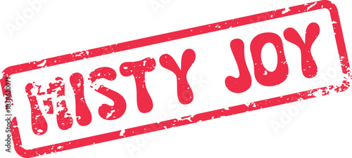 Vibrant red distressed typography stamp presenting the cheerful phrase Misty Joy with grunge texture