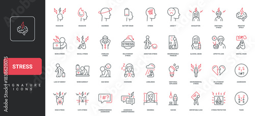Stress, mental health and mood problems, negative thoughts pressure line icon set. Patient of psychotherapist, depressed person with migraine thin black and red outline symbols vector illustration