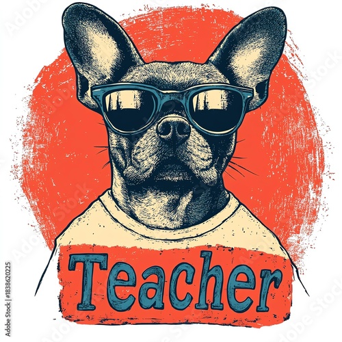 A stylish dog wearing sunglasses and a teacher-themed shirt, blending humor with a classic teaching vibe.
