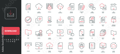 Download and upload file and folder to server, cloud storage and sync, data transfer line icon set. Select all, password protection and privacy thin black and red outline symbols vector illustration