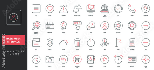 Basic interface kit, simple user profile menu and mobile app button, search line icon set. Bell and exclamation mark of warning, navigation thin black and red outline symbols vector illustration