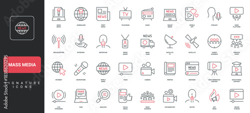 Mass media, journalists reportage, newspaper and podcast, internet line icon set. Live streaming, camera and microphone of news team, audience thin black and red outline symbols vector illustration