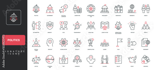 Politics, government and parliament leader and president, constitution, debate line icon set. International law and policy, protests, democracy thin black and red outline symbols vector illustration