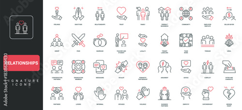Relationships in family and community, economic and professional communication line icon set. Feelings and trust, love and conflict, neighborhood thin black and red outline symbols vector illustration