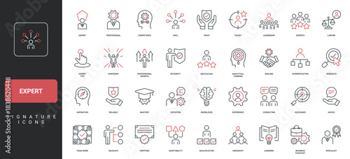 Expert, professional skills and tips, competence and qualification, consulting line icon set. Experience and expertise, advices of specialist thin black and red outline symbols vector illustration