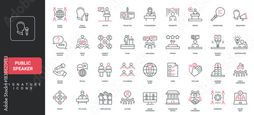 Public speaker and politician at podium, conference event and lecture line icon set. Speech and business presentation on stage, teacher, workshop thin black and red outline symbols vector illustration