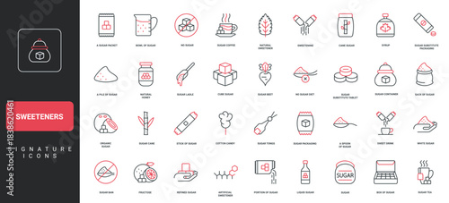 Collection of sweetener icons including sugar, honey, syrup, and substitutes for food, beverage, and diet concepts isolated vector illustration