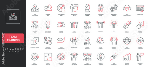 Comprehensive set of team training signature icons representing teamwork, leadership, communication, and business growth for presentations, education, and corporate projects vector illustration