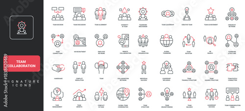 Business teamwork icons set showing collaboration, leadership, communication, management, and success concepts for office, HR, and project planning needs vector illustration