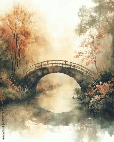 A serene watercolor scene featuring a tranquil bridge over a misty river surrounded by vibrant autumn foliage.