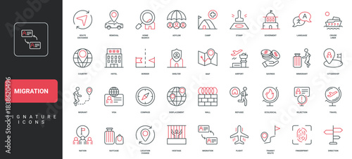Migration, citizenship of country, foreign border wall, passport and stamp of travel visa line icon set. Migrant and refugee camp, license thin black and red outline symbols vector illustration