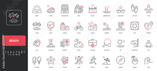 Beach vacation, summer holidays and travel to tropical island, hotel accommodation line icon set. Seaside leisure, sunglasses and umbrella, wave thin black and red outline symbols vector illustration