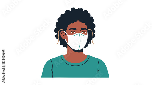 Pixel Art Portrait Of A Young Black Woman Wearing A White Medical Face Mask And Teal T-shirt With Black Background