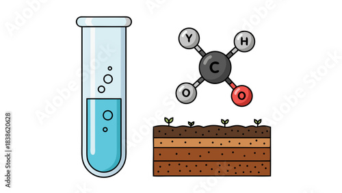 Pixel Art Science Laboratory Test Tube with Bubbles and Molecular Structure Above Soil Layers on Black Background