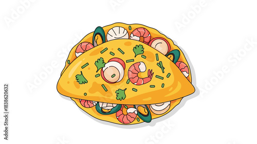 A stylized cartoon illustration of a yellow seafood omelet overflowing with shrimp and scallops