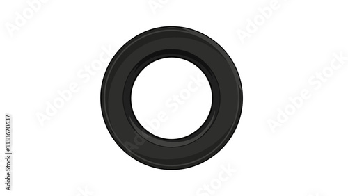 A stylized black circular automobile tire viewed headon against a white background