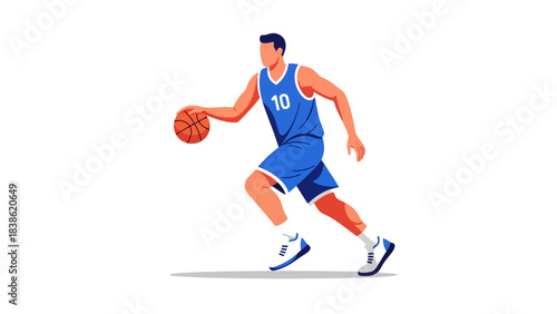A stylized illustration of a basketball player dribbling a ball in a blue uniform