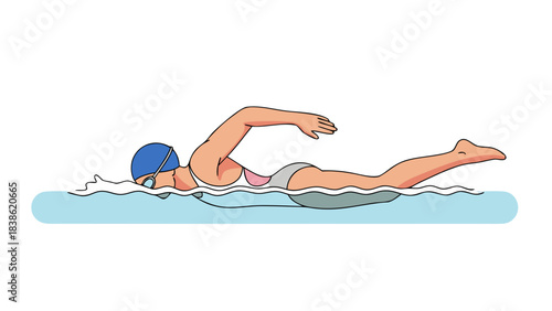Pixel Art Style Illustration Of A Woman Swimming The Freestyle Stroke With Blue Cap And Goggles In Clear Blue Water White Bubbles Showing Movement